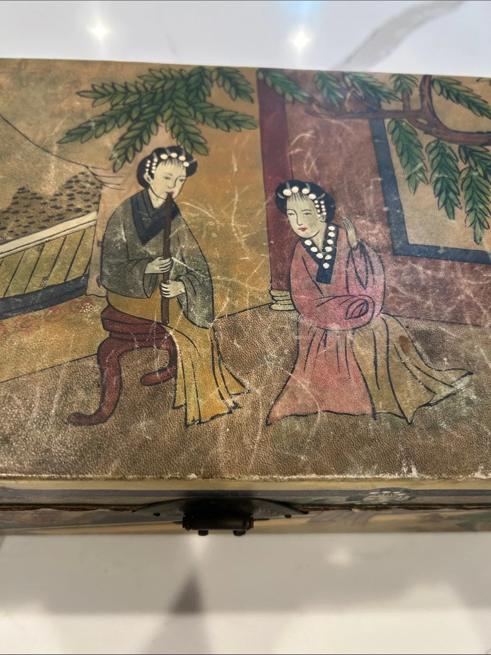 19th Century Chinese Chest Hand-Painted Wooden & Leather
